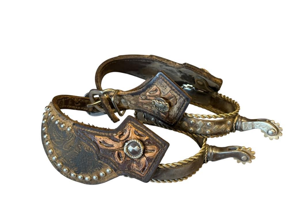 AHE AMERICAN HERITAGE EQUINE FANCY WESTERN RIDING SPURS WITH RIVETED LEATHER STRAPS (1 of 8)