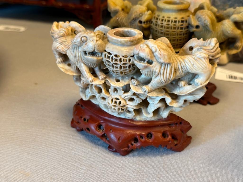 20TH CENTURY CHINESE CARVED SOAPSTONE FOO DOG SCULPTURE AND SCULPTED FOO DOG MINIATURE URNS - 10