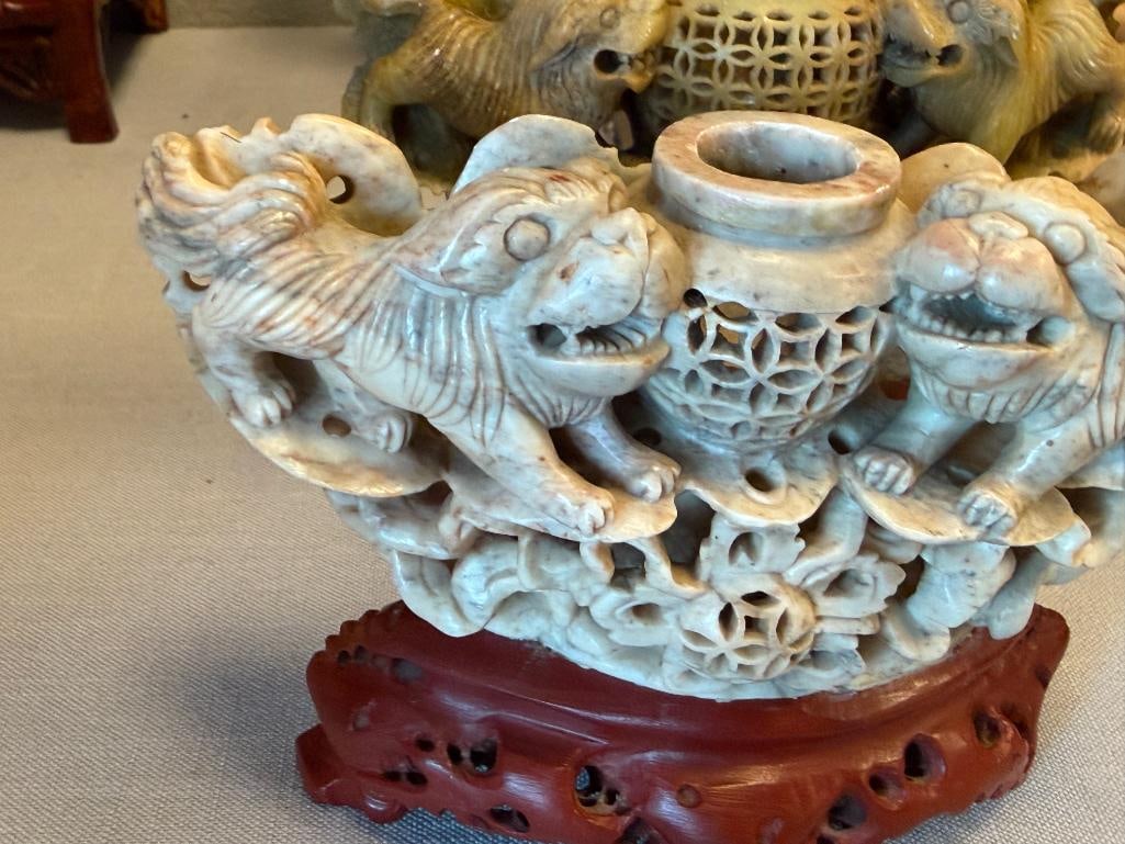 20TH CENTURY CHINESE CARVED SOAPSTONE FOO DOG SCULPTURE AND SCULPTED FOO DOG MINIATURE URNS - 11