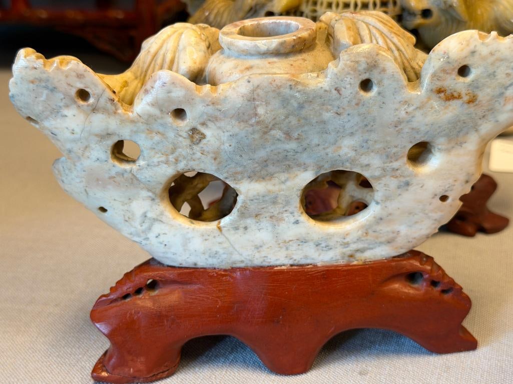 20TH CENTURY CHINESE CARVED SOAPSTONE FOO DOG SCULPTURE AND SCULPTED FOO DOG MINIATURE URNS - 12