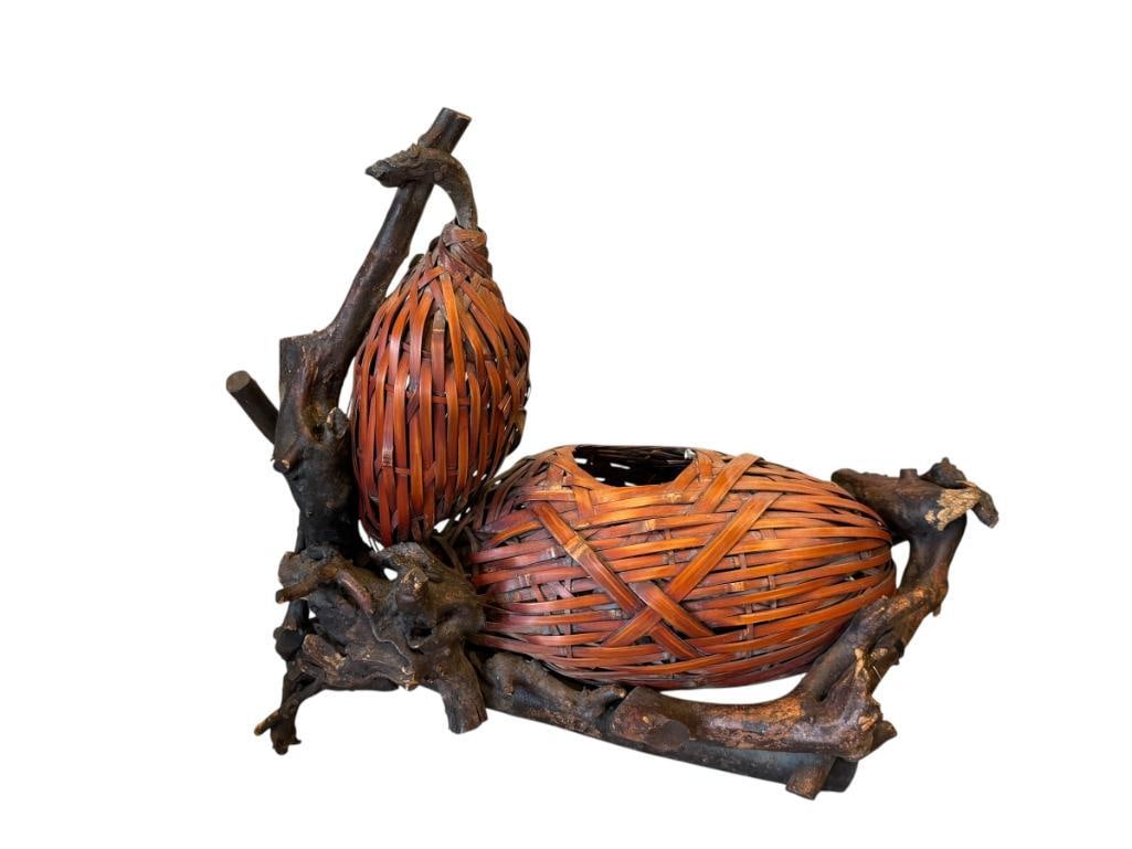 ANTIQUE JAPANESE IKEBANA FLOWER BASKET WOVEN BAMBOO GOURDS ON ROOTWOOD BASE OFTEN CALLED HANAKAGO: USED FOR HOLDING FLORAL ARRANGEMENTS IN JAPANESE TEA CEREMONY, DEPICTS WOVEN GOURDS ATTACHED TO ROOTWOOD BASE 18" L 15" H
