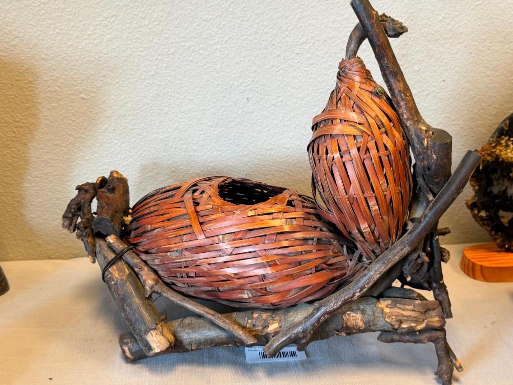 ANTIQUE JAPANESE IKEBANA FLOWER BASKET WOVEN BAMBOO GOURDS ON ROOTWOOD BASE OFTEN CALLED HANAKAGO - 7