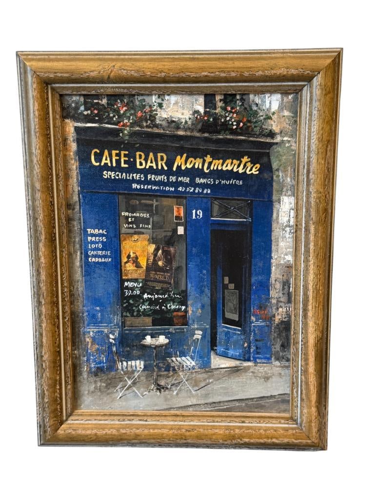 ASUI ORIGINAL MIXED MEDIA OIL ON CANVAS PAINTING PARISIAN CAFE SCENE CAFE BAR MONTEMARTRE: ART DEPICTS A PARISIAN FRENCH CAFE FRONT OF CAFE BAR MONTMARTRE IN MONTMARTRE DISTRICT IN FRANCE, SIGNED LOWER RIGHT AND DATED 1992, INFO ON THE BACK, FRAMED 9 1/2" X 12 3/4" FRAME 