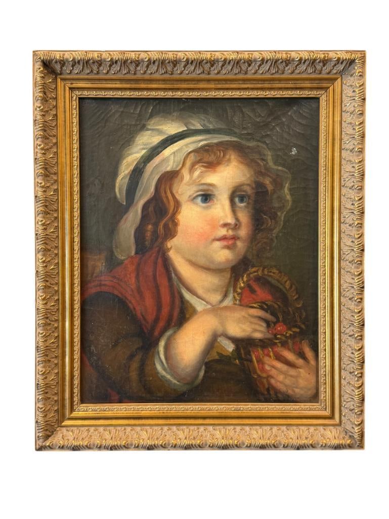 18TH CENTURY ANTIQUE EUROPEAN ORIGINAL OIL ON CANVAS PAINTING PORTRAIT OF A YOUNG GIRL: ART DEPICTS A PORTRAIT OF A YOUNG GIRL IN A PORTRAIT, NOTE ON THE BACK STATES IT WAS PURCHASED IN DOL-DE-BRETAGNE, ALSO HAS LABEL FROM A FRAME SHOP JEAN ET MARCELLE LAICK, PAINTING DOES SHOW CRACKING