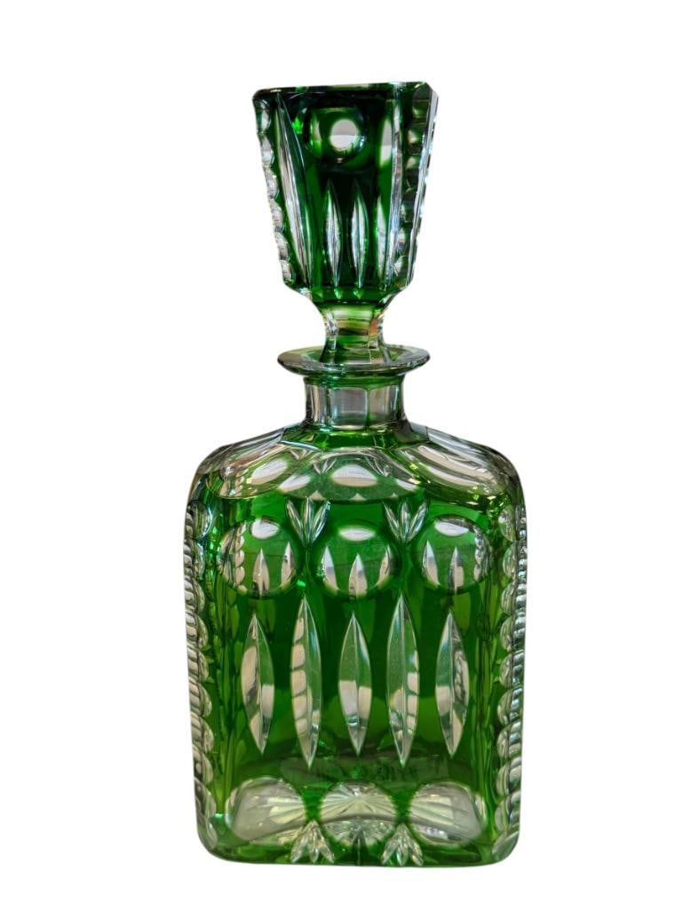 20TH CETURY HUNGARIAN EMERALD GREEN CUT TO CLEAR CRYSTAL DECANTER POSSIBLY CRISTAL NANCY (1 of 6)