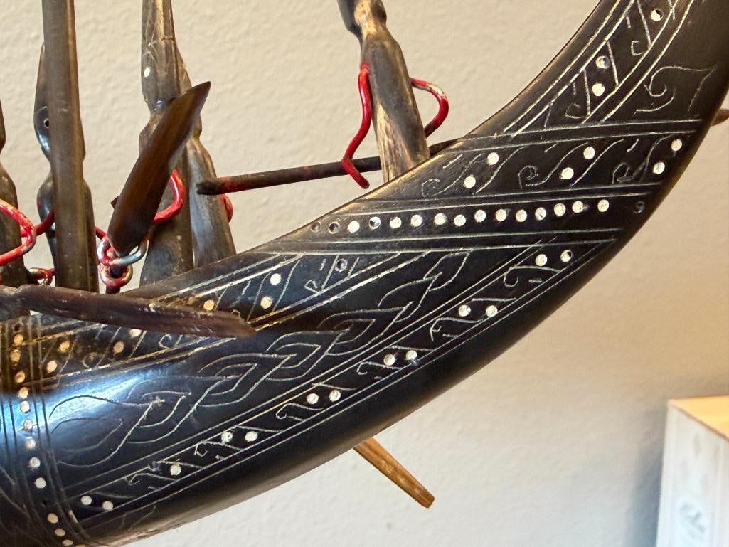 VINTAGE SUPHANNAHONG THAI CARVED WATER BUFFALO HORN ROYAL BARGE DRAGON SHIP - 10