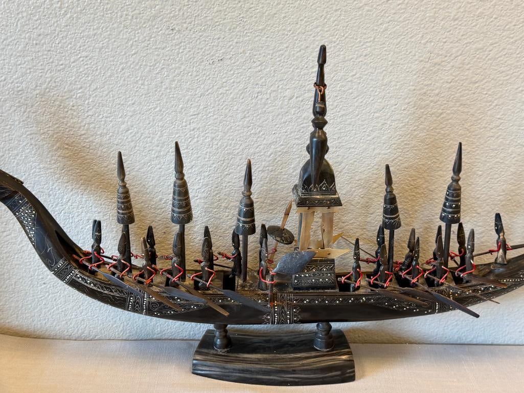 VINTAGE SUPHANNAHONG THAI CARVED WATER BUFFALO HORN ROYAL BARGE DRAGON SHIP - 2