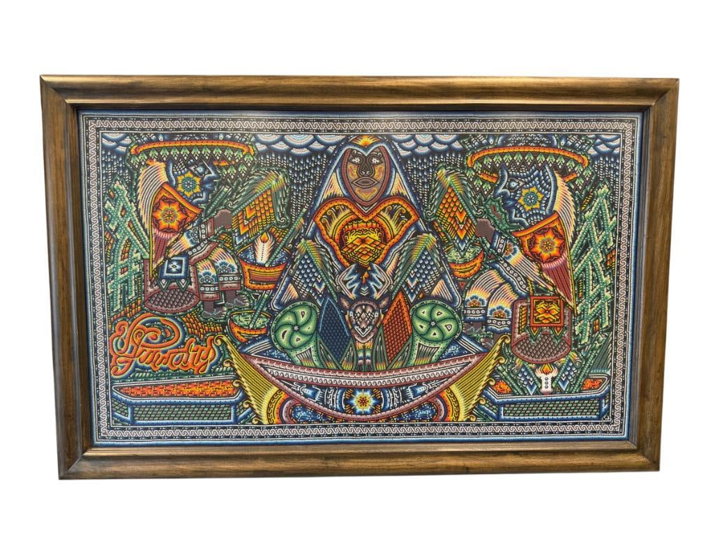 ALVARO ORTIZ LOPEZ 20TH CENTURY MEXICAN FOLK ART ARTIST HUICHOL HAND BEADED VIBRANT TAPESTRY (1 of 15)
