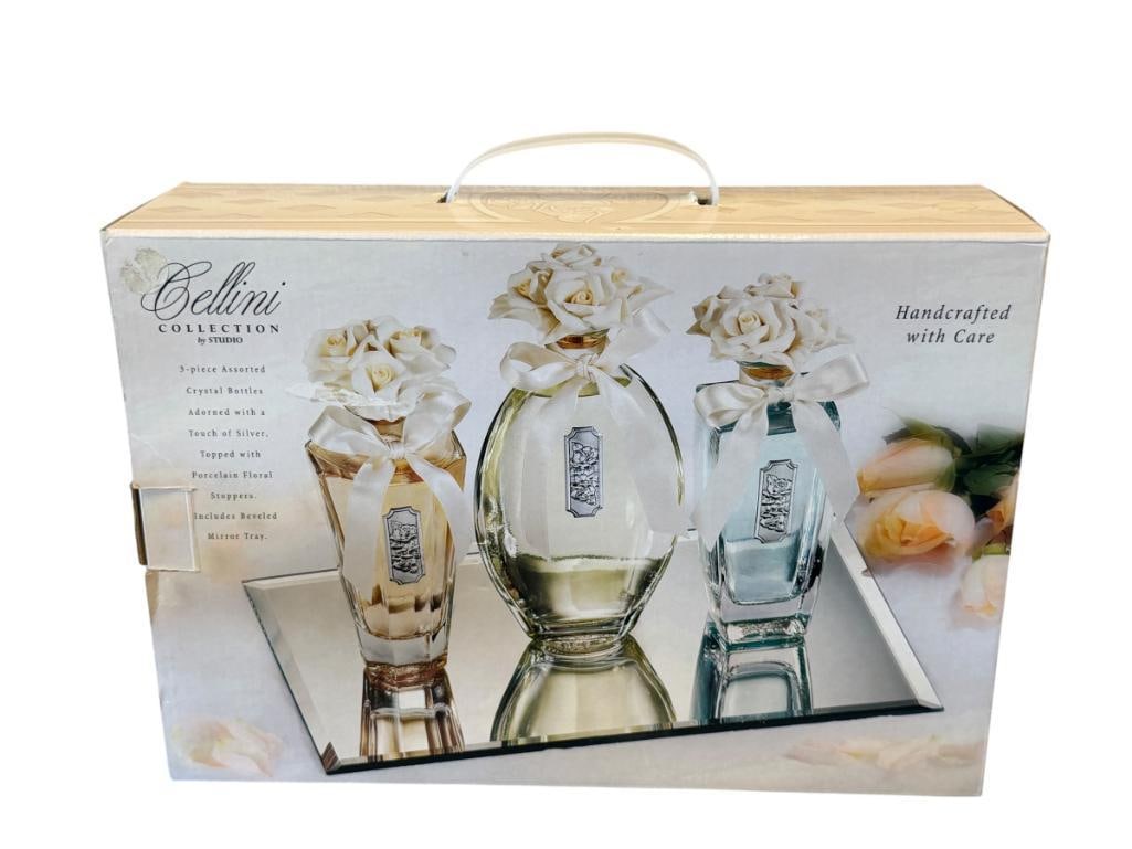 CELLINI COLLECTION BY STUDIO 3-PIECE HANDCRAFTED CRYSTAL FRAGRANCE BOTTLES WITH MIRRORED TRAY (1 of 5)