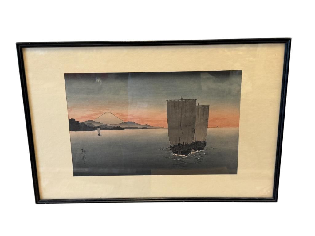 KOHO SHODA JAPANESE NIHONGA ARTIST WOOD BLOCKPRINT SUNSET ON SURUGA BAY WITH MOUNT FIJI: KOHO SHODA (1871-1946) JAPANESE WOODBLOCK ARTIST AND POET MEIJI AND TAISHO ERA, ART DEPICTS SUNSET WITH SHIPS IN THE SEA WITH MT. FUJI IN THE BACKGROUND, FRAMED 20 1/2" X 13 1/2" FRAME