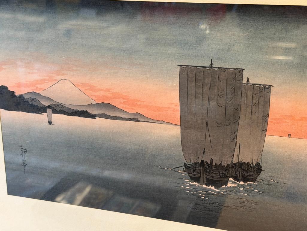 KOHO SHODA JAPANESE NIHONGA ARTIST WOODBLOCK PRINT SUNSET ON SURUGA BAY WITH MOUNT FIJI - 2