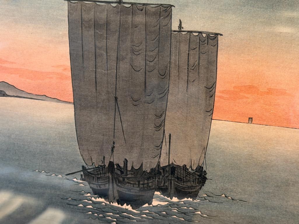 KOHO SHODA JAPANESE NIHONGA ARTIST WOODBLOCK PRINT SUNSET ON SURUGA BAY WITH MOUNT FIJI - 3