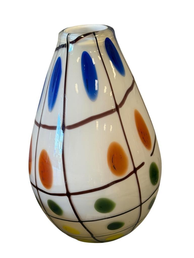 HAND BLOWN ART GLASS BULBOUS VASE WITH POLKA DOT AND GRID MULTICOLOR DESIGN: NO DAMAGE OR REPAIRS 10 1/2" H