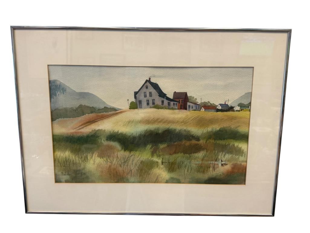 SHIRLEY BARAN CHIC STYLED ORIGINAL WATERCOLOR ON PAPER PAINTING TITLED SUMMER MEADOW: ART DEPICTS FIELD WITH BUILDINGS IN THE BACKGROUND, SIGNED LOWER LEFT, ARTIST LABEL ON THE BACK FRAMED 25" X 18 1/4" FRAME