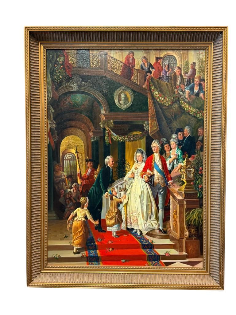 20TH CENTURY ORIGINAL OIL ON CANVAS PAINTING EUROPEAN ROYALTY WEDDING SCENE: ART SI SAID TO HAVE BEEN FROM GHOLAMI, INCLUDES A LETTER FROM AUCTION HOUSE AUKTIONSHAUS IN NURNBERG, GERMANY WHICH IS STILL IN BUISNESS, LETTER IS DATED 1994 AND STATES PURCHASE AMOUNT OF