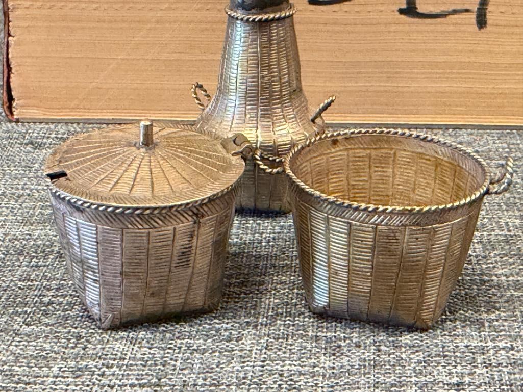 VINTAGE CHINESE SILVER MINIATURE WOVEN BASKETS METAL SHAKER, OPEN CONTAINER, AND COVERED CONTAINER - 2