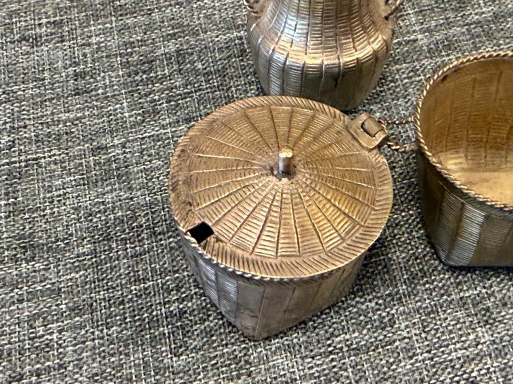 VINTAGE CHINESE SILVER MINIATURE WOVEN BASKETS METAL SHAKER, OPEN CONTAINER, AND COVERED CONTAINER - 3
