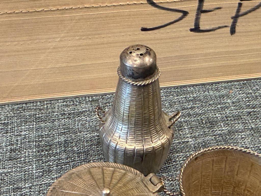 VINTAGE CHINESE SILVER MINIATURE WOVEN BASKETS METAL SHAKER, OPEN CONTAINER, AND COVERED CONTAINER - 4