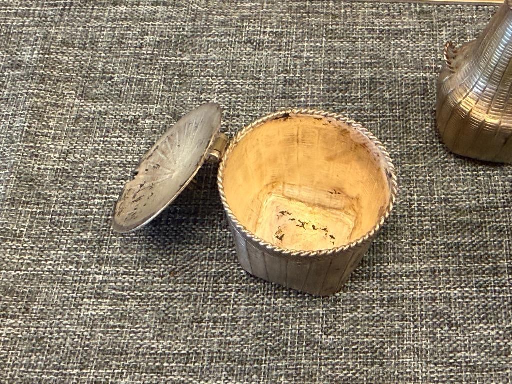 VINTAGE CHINESE SILVER MINIATURE WOVEN BASKETS METAL SHAKER, OPEN CONTAINER, AND COVERED CONTAINER - 5