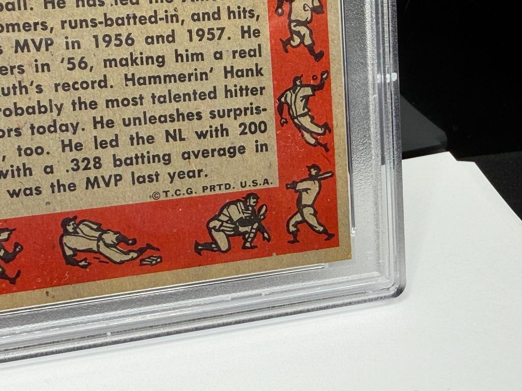1958 TOPPS #418 MICKEY MANTLE HANK AARON WORLD SERIES BATTING FOES BASEBALL CARD PSA GARD VG-EX 4 - 10