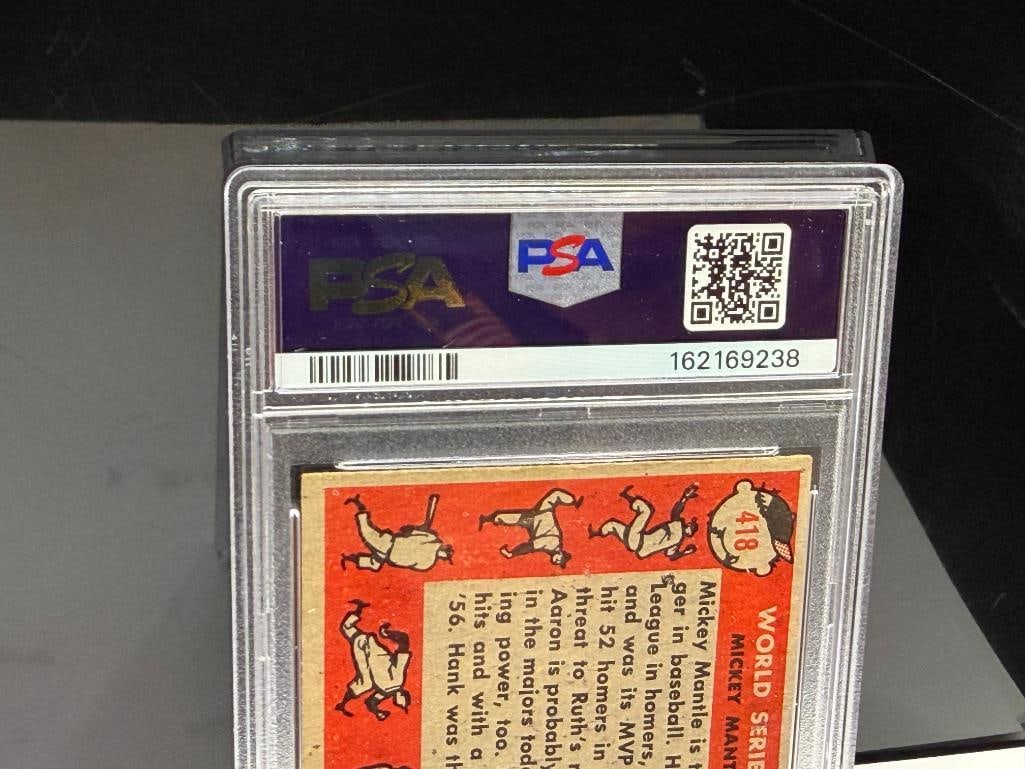 1958 TOPPS #418 MICKEY MANTLE HANK AARON WORLD SERIES BATTING FOES BASEBALL CARD PSA GARD VG-EX 4 - 11