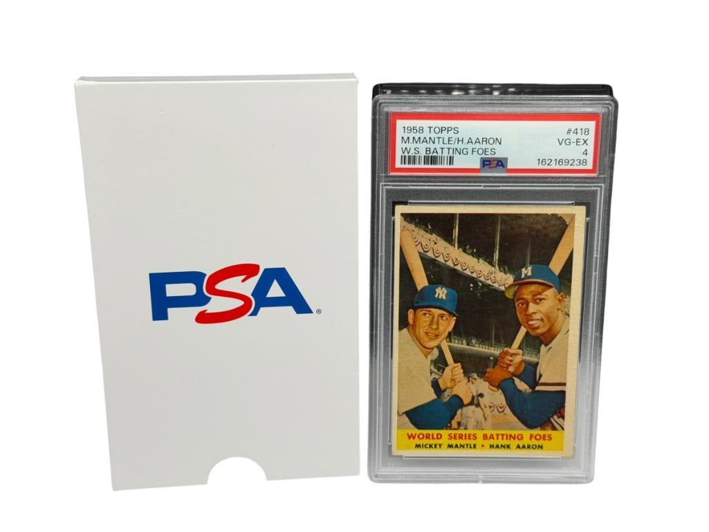 1958 TOPPS #418 MICKEY MANTLE HANK AARON WORLD SERIES BATTING FOES BASEBALL CARD PSA GARD VG-EX 4 (1 of 11)