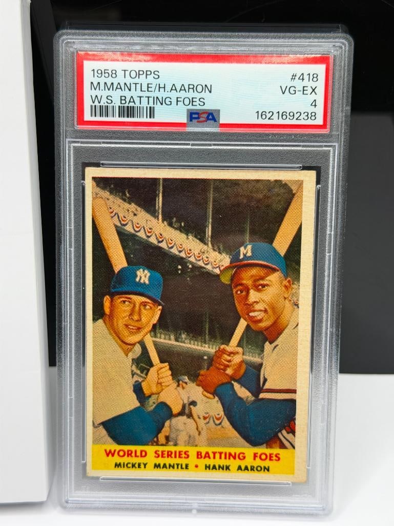 1958 TOPPS #418 MICKEY MANTLE HANK AARON WORLD SERIES BATTING FOES BASEBALL CARD PSA GARD VG-EX 4 - 2