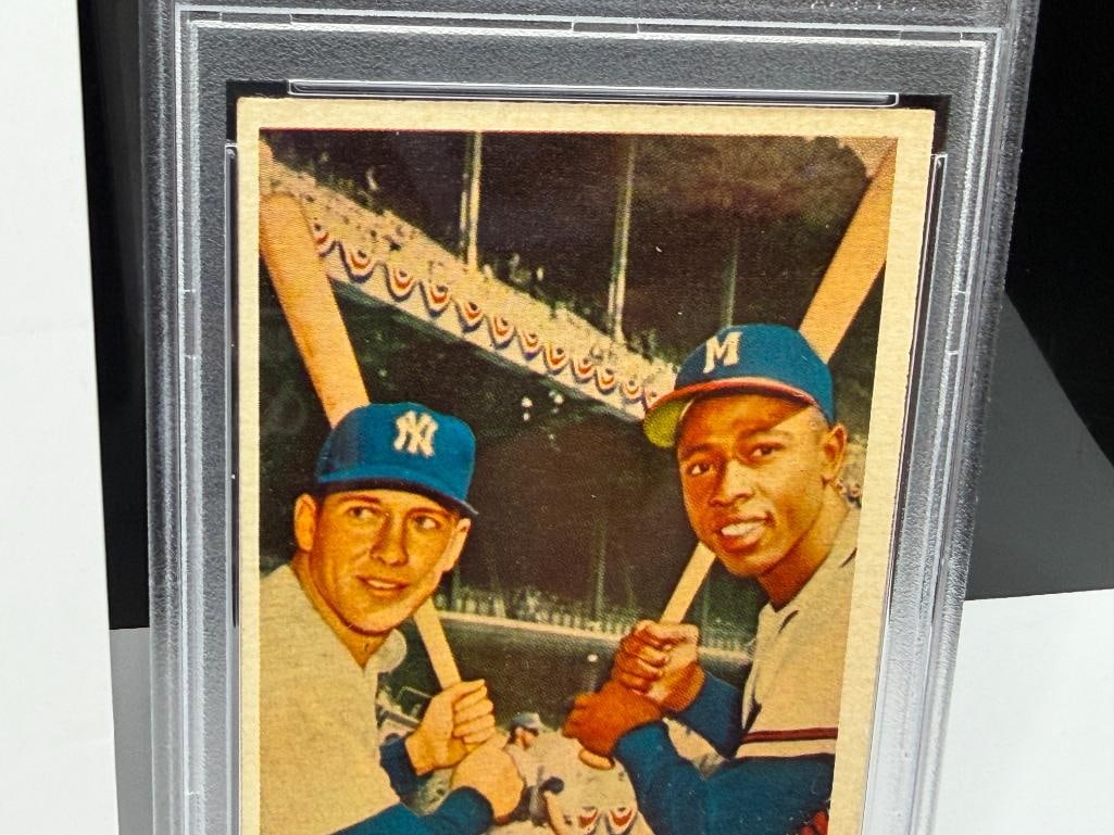 1958 TOPPS #418 MICKEY MANTLE HANK AARON WORLD SERIES BATTING FOES BASEBALL CARD PSA GARD VG-EX 4 - 3
