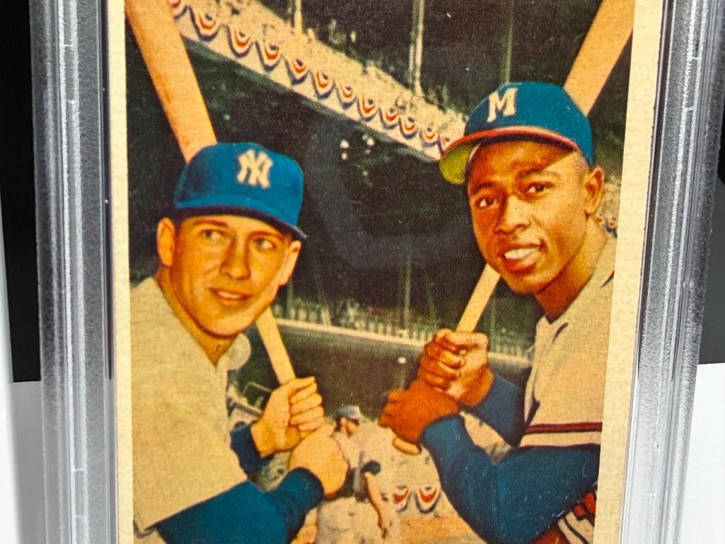 1958 TOPPS #418 MICKEY MANTLE HANK AARON WORLD SERIES BATTING FOES BASEBALL CARD PSA GARD VG-EX 4 - 4