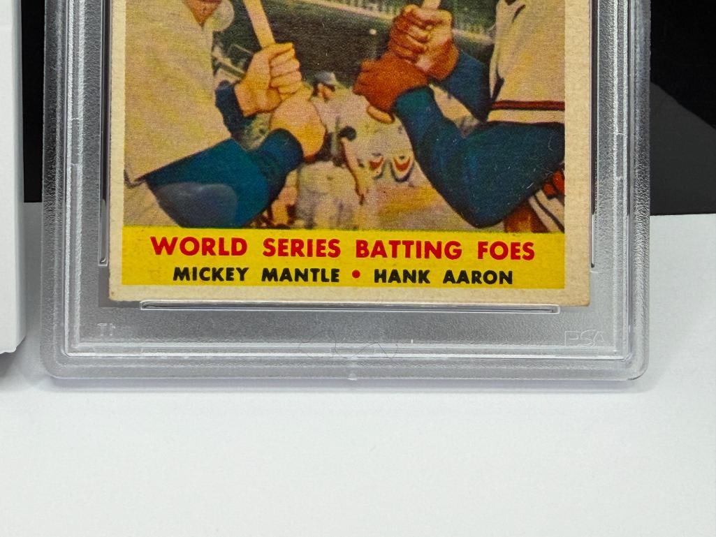 1958 TOPPS #418 MICKEY MANTLE HANK AARON WORLD SERIES BATTING FOES BASEBALL CARD PSA GARD VG-EX 4 - 5