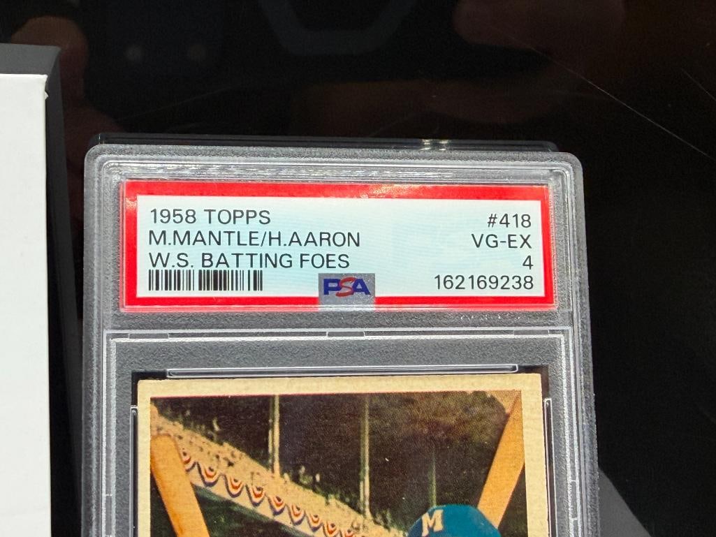 1958 TOPPS #418 MICKEY MANTLE HANK AARON WORLD SERIES BATTING FOES BASEBALL CARD PSA GARD VG-EX 4 - 6