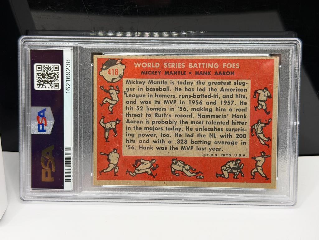 1958 TOPPS #418 MICKEY MANTLE HANK AARON WORLD SERIES BATTING FOES BASEBALL CARD PSA GARD VG-EX 4 - 7