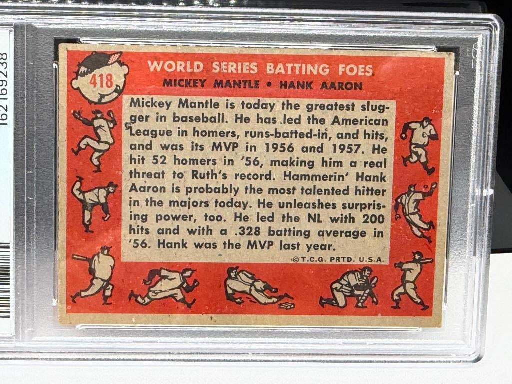 1958 TOPPS #418 MICKEY MANTLE HANK AARON WORLD SERIES BATTING FOES BASEBALL CARD PSA GARD VG-EX 4 - 8