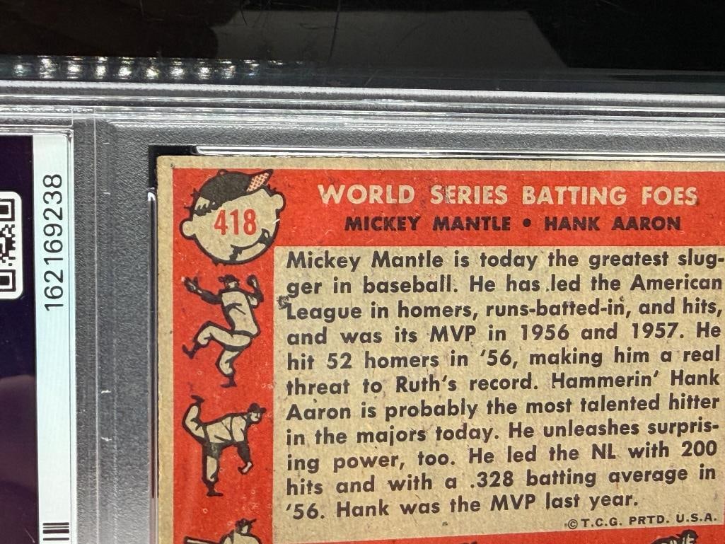 1958 TOPPS #418 MICKEY MANTLE HANK AARON WORLD SERIES BATTING FOES BASEBALL CARD PSA GARD VG-EX 4 - 9