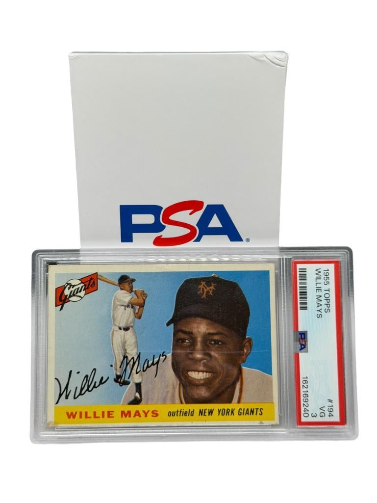 1955 TOPPS #194 WILLIE MAYS BASEBALL CARD PSA GRADED VG 3: PSA CERTIFICATE # 162169240, HALL OF FAMER, RARE CARD, SEE PHOTOS FOR CONDITION, FROM THE ESTATE OF A LOCAL RENO, NV DOCTOR AT RENOWN WHO RAN BIG LEAGUE SPORTS MEDICINE BASEBALL CAMP FOR NEARLY 2
