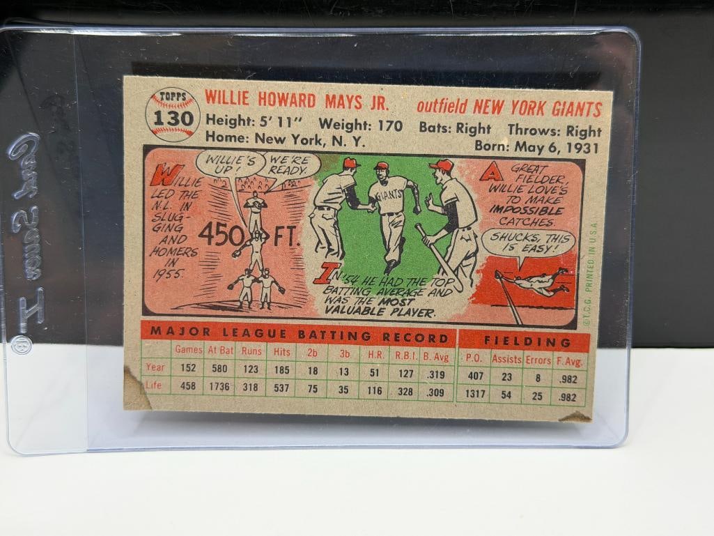 1956 TOPPS #130 WILLIE MAYS BASEBALL CARD GRAY BACK - 6