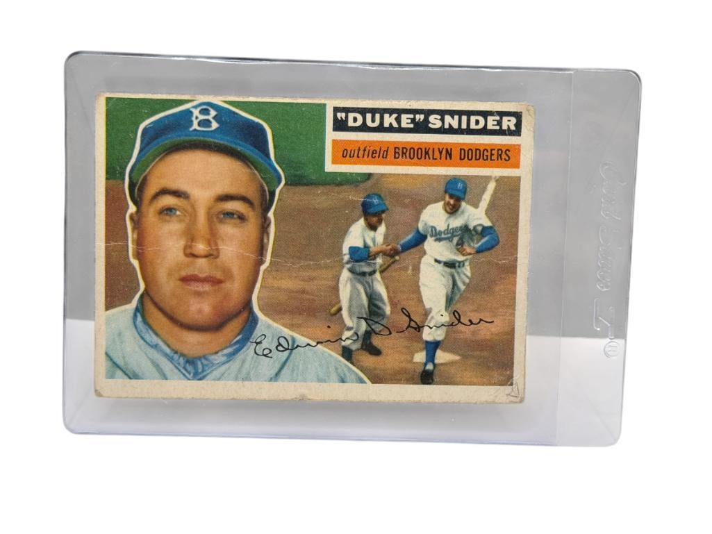 1956 TOPPS #150 DUKE SNIDER BASEBALL CARD GRAY BACK: EDWIN DONALD SNIDER, BROOKLYN DODGERS, HALL OF FAMER, RARE CARD, SEE PHOTOS FOR CONDITION, FROM THE ESTATE OF A LOCAL RENO, NV DOCTOR AT RENOWN WHO RAN BIG LEAGUE SPORTS MEDICINE BASEBALL CAMP FO