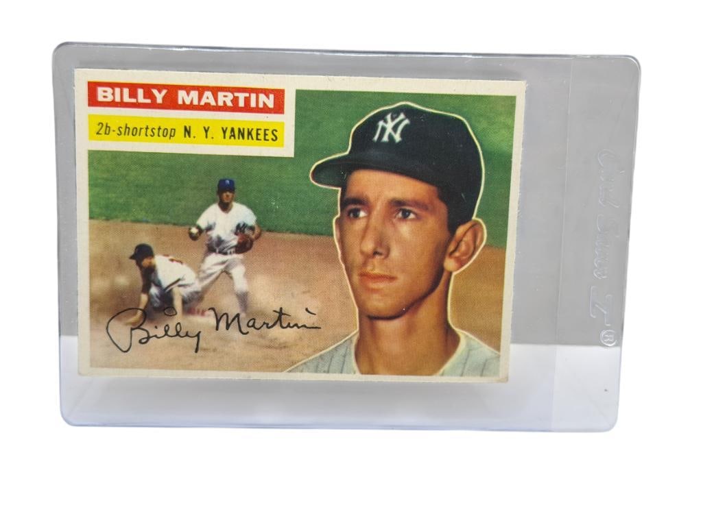 1956 TOPPS # 181 BILLY MARTIN BASEBALL CARD GRAY BACK: ALFRED MANUAL MARTIN, NEW YORK YANKEES, RARE CARD, SEE PHOTOS FOR CONDITION, FROM THE ESTATE OF A LOCAL RENO, NV DOCTOR AT RENOWN WHO RAN BIG LEAGUE SPORTS MEDICINE BASEBALL CAMP FOR NEARLY 20