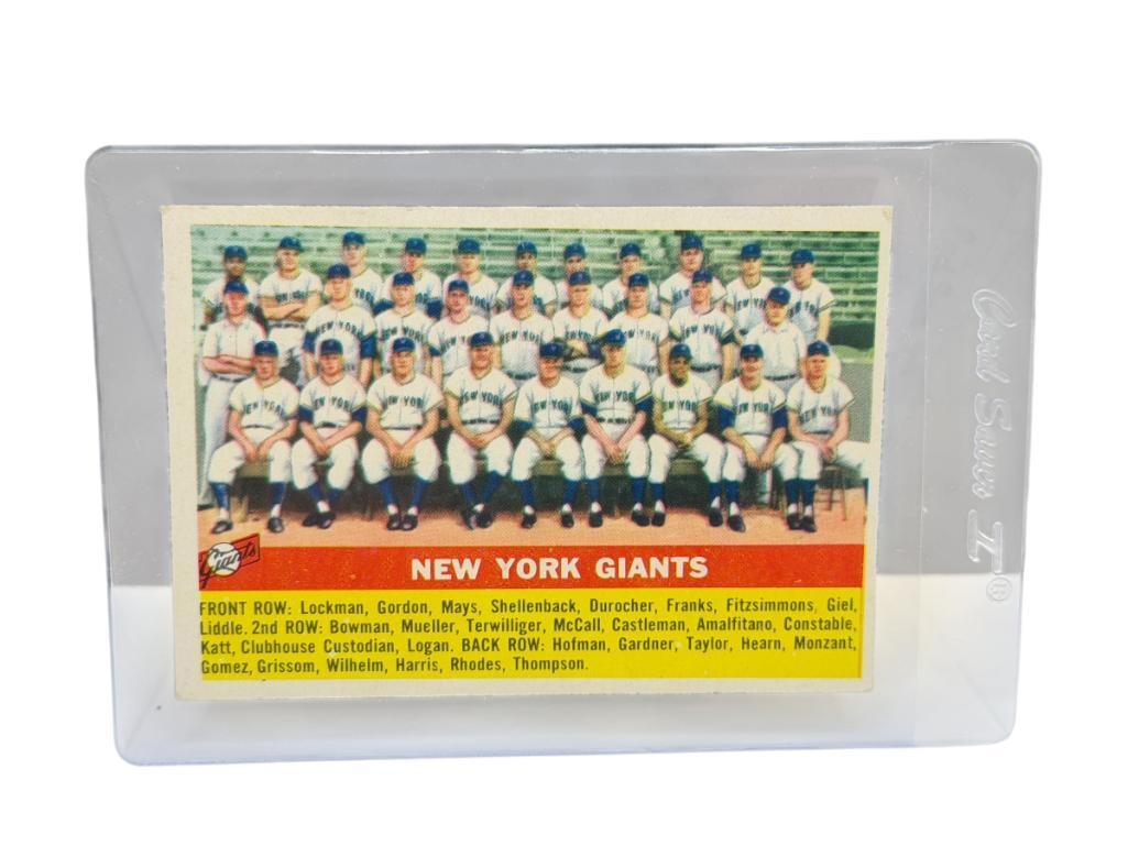 1956 TOPPS #226 NEW YORK GIANTS TEAM BASEBALL CARD GRAY BACK: FEATURING HALL OF FAMER WILLIE MAYS, NEW YORK GIANTS, RARE CARD, SEE PHOTOS FOR CONDITION, FROM THE ESTATE OF A LOCAL RENO, NV DOCTOR AT RENOWN WHO RAN BIG LEAGUE SPORTS MEDICINE BASEBALL CAMP FO