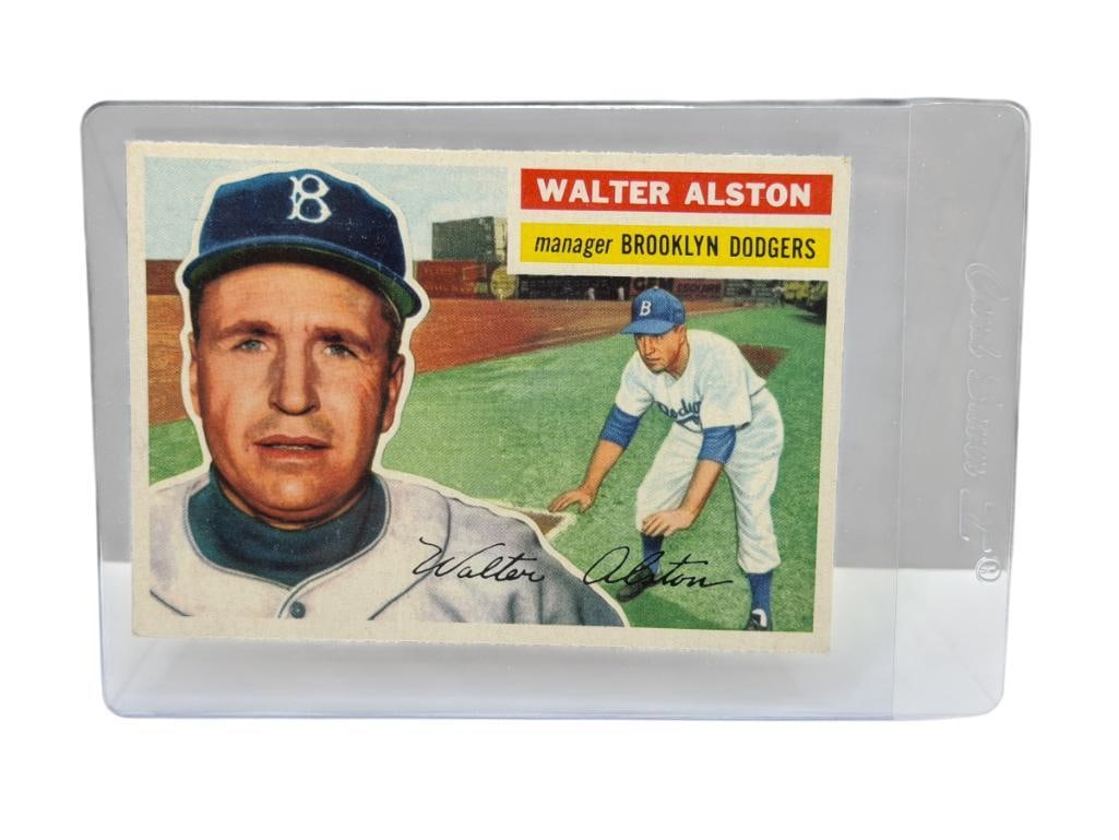 1956 TOPPS #8 WALTER ALSTON ROOKIE BASEBALL CARD GRAY BACK: WALTER EMMONS ALSTON, BROOKLYN DODGERS, HALL OF FAMER, RARE CARD, SEE PHOTOS FOR CONDITION, FROM THE ESTATE OF A LOCAL RENO, NV DOCTOR AT RENOWN WHO RAN BIG LEAGUE SPORTS MEDICINE BASEBALL CAMP