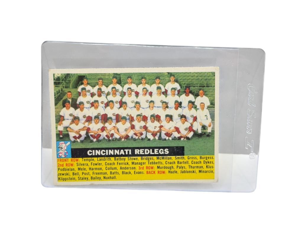 1956 TOPPS #90 CINCINNATI REDLEGS BASEBALL CARD GRAY BACK: TEAM CARD, CINCINNATI REDLEGS, RARE CARD, SEE PHOTOS FOR CONDITION, FROM THE ESTATE OF A LOCAL RENO, NV DOCTOR AT RENOWN WHO RAN BIG LEAGUE SPORTS MEDICINE BASEBALL CAMP FOR NEARLY 20 YEARS, DOCTOR JO