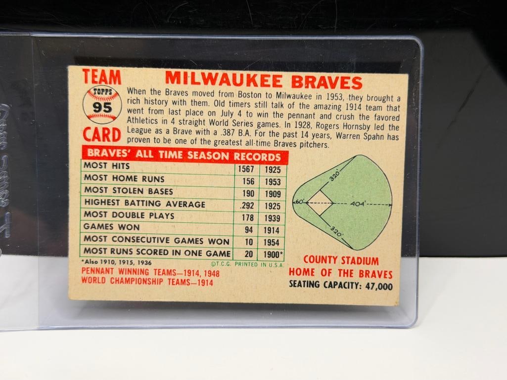 1956 TOPPS #95 MILWAUKEE BRAVES TEAM BASEBALL CARD WHITE BACK - 7