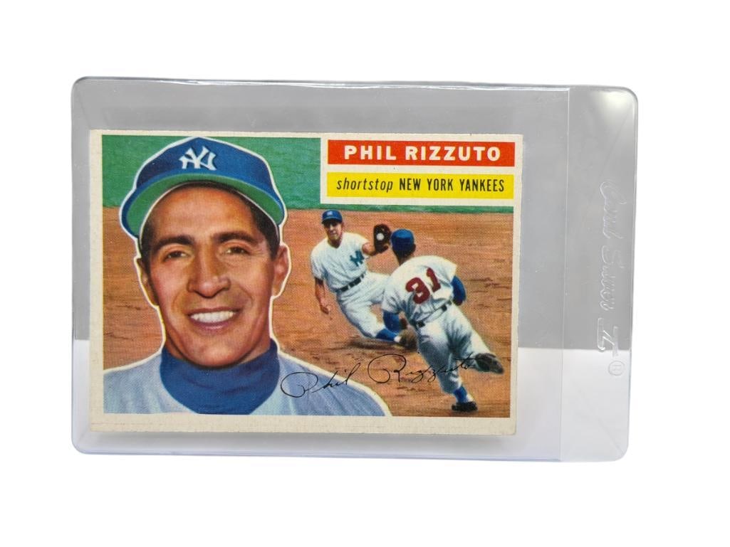 1956 TOPPS #113 PHIL RIZZUTO BASEBALL CARD GRAY BACK: PHILIP FRANCIS RIZZUTO, NEW YORK YANKEES, HALL OF FAMER, RARE CARD, SEE PHOTOS FOR CONDITION, FROM THE ESTATE OF A LOCAL RENO, NV DOCTOR AT RENOWN WHO RAN BIG LEAGUE SPORTS MEDICINE BASEBALL