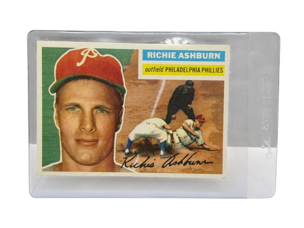 1956 TOPPS #120 RICHIE ASHBURN BASEBALL CARD GRAY BACK: RICHIE ASHBURN, PHILADELPHIA PHILLIES, HALL OF FAMER, RARE CARD, SEE PHOTOS FOR CONDITION, FROM THE ESTATE OF A LOCAL RENO, NV DOCTOR AT RENOWN WHO RAN BIG LEAGUE SPORTS MEDICINE BASEBALL CAMP