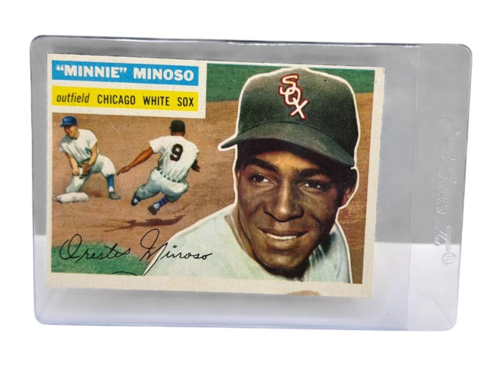 1956 TOPPS #125 MINNIE MINOSO BASEBALL CARD GRAY BACK: SATURNINO ORESTES MINOSO, CHICAGO WHITE SOX, HALL OF FAMER, RARE CARD, SEE PHOTOS FOR CONDITION, FROM THE ESTATE OF A LOCAL RENO, NV DOCTOR AT RENOWN WHO RAN BIG LEAGUE SPORTS MEDICINE BASEBALL