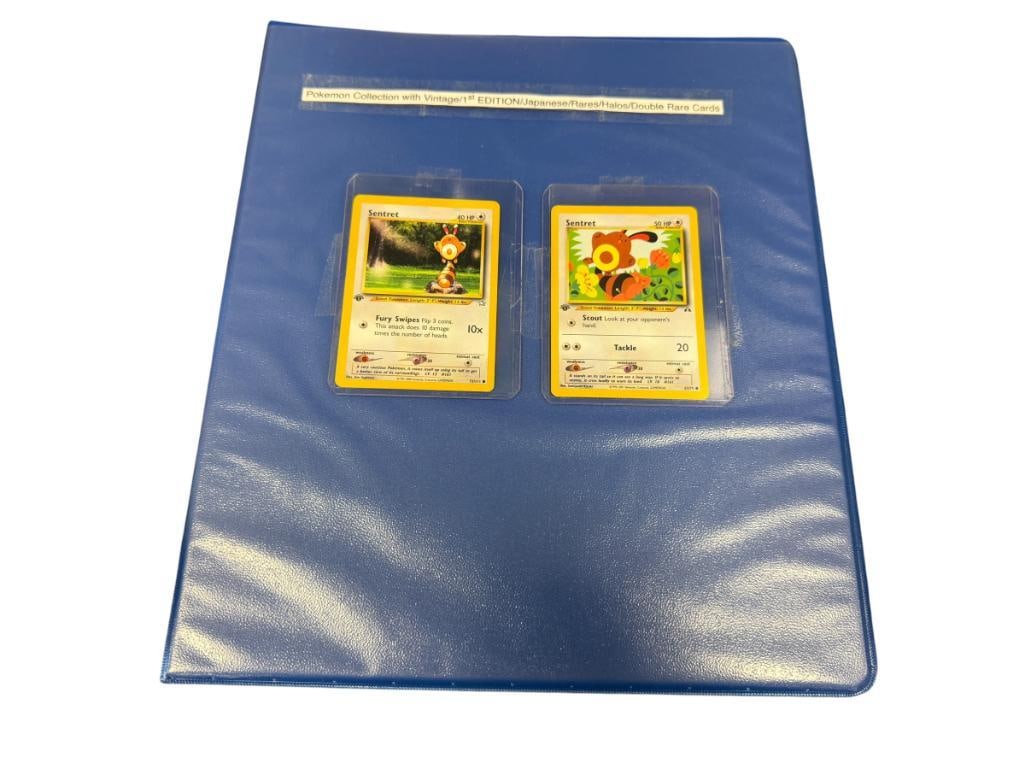 OVER 100 POKEMON GAME TRADING CARDS INCLUDES VINTAGE, FIRST EDITION, JAPANESE, HALO, AND DOUBLE R...: 117 CARDS TOTAL, BINDER INCLUDED
