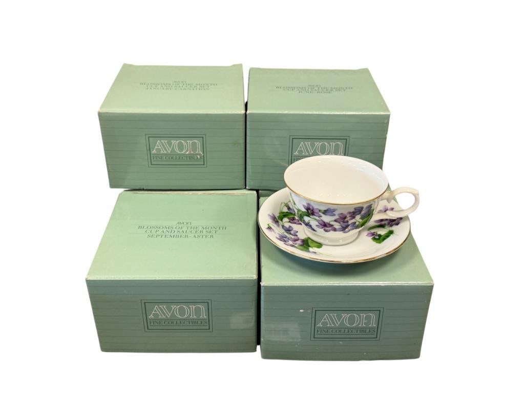 AVON BLOSSOMS OF THE MOONTH 1991 FLORAL CUPS AND SAUCERS SIX SETS TOTAL: INCLUDES MONTHS JAN., FEB., APRIL, JUNE, SEPTEMBER, AND OCTOBER, ALL IN MINT CONDITION WITH ORIGINAL BOXES 3 5/8" CUPS, 5 1/2" SAUCERS