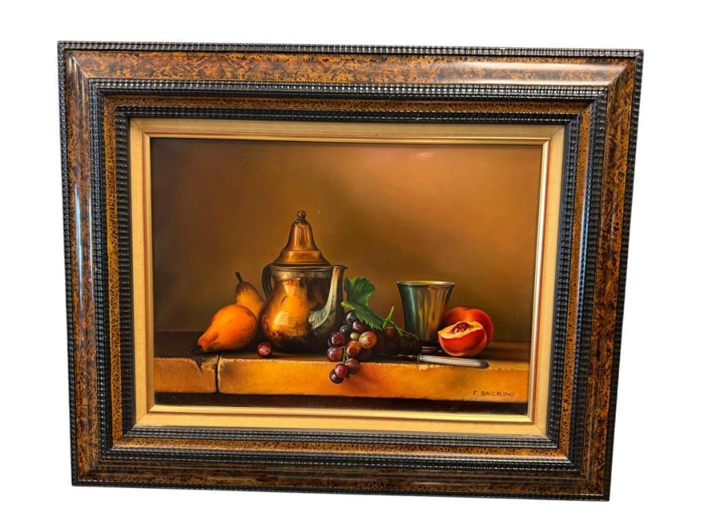 FREDERIC BACCALINO CONTEMPORARY FRENCH ARTIST HYPER REALISTIC ORIGINAL OIL ON CANVAS PAINTING: FREDERIC BACCALINO (B. 1962) IS FRENCH ARTIST KNOWN FOR HIS NATURALISTIC STILL-LIFE PAINTINGS, ART DEPICTS TEAPOT WITH FRUIT ON A STONE TOP COUNTER, SIGNED LOWER RIGHT, NOTE ON THE BACK STATES THIS