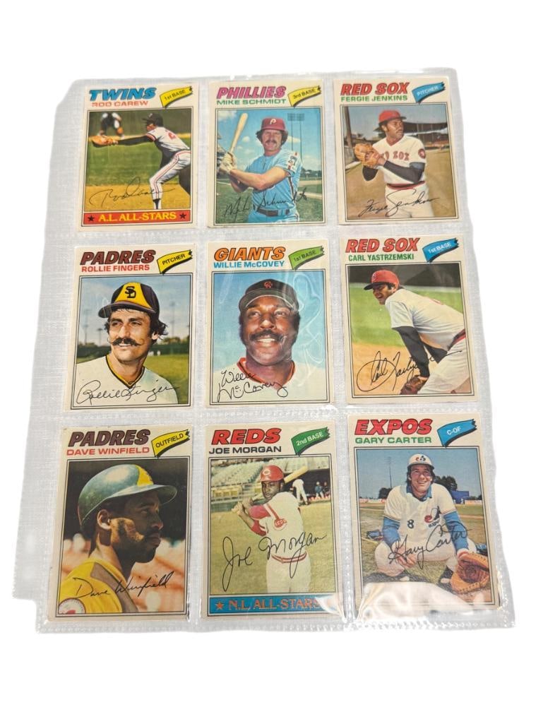 1977 TOPPS HALL OF FAMER AND STARS BASEBALL CARDS ROD CAREW, WILLIE MCCOVEY, MIKE SCHMIDT: ALSO INCLUDES JOE MORGAN, FERGIE JENKINS, ROLLIE FINGERS, CARL YASTRZEMSKI, DAVE WINFIELD, AND GARY CARTER