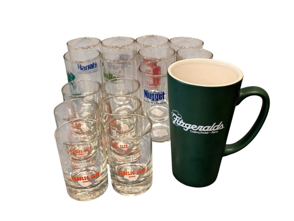 RENO, NV CASINO / HOTEL COCKTAIL GLASSES AND MUG HAROLDS CLUB, HARRAH'S, FITZGERALD, NUGGET (1 of 7)